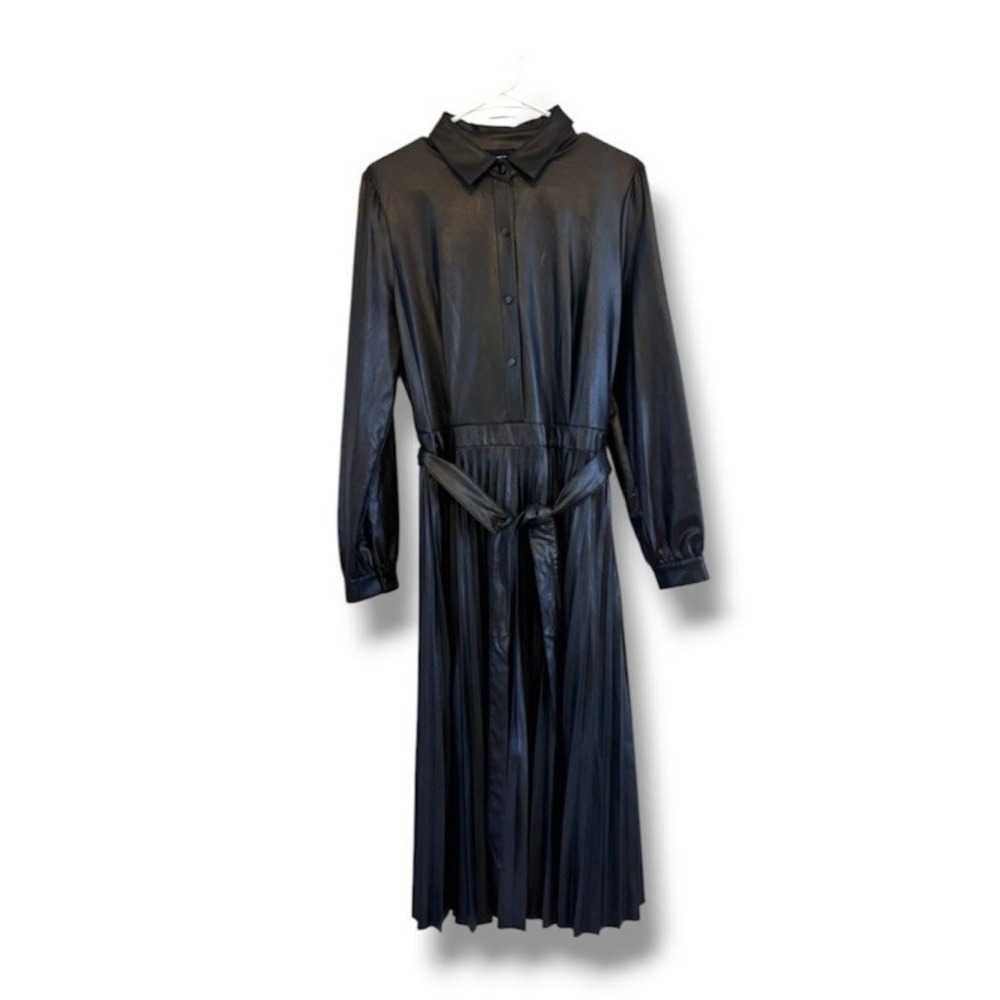 ScoopNY Pleather Pleated Skirt Midi Dress Faux Leather Black Whimsigoth Goth NWT
